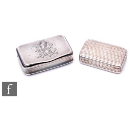 Two Georgian hallmarked silver rectangular snuff boxes, one ribbed the other plain, Birmingham 1802 and 1813 respectively, bo