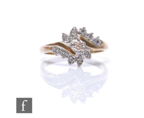 A 9ct diamond ring, pave set stones to a slight twist, weight 3.5g, ring size O. 