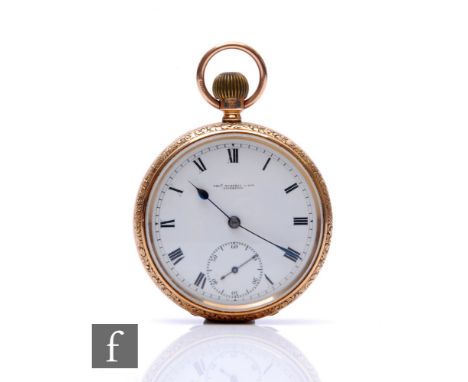 A 9ct hallmarked Thomas Russel &amp; Sons open faced, crown wind pocket watch, Roman numerals to a white enamelled dial, gold