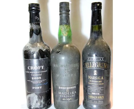 Bottles of Croft 2005, Port Pellegrino Marsala and Henriques and Henriques 10 year old Madeira. P&amp;P Group 3 (£25+VAT for 