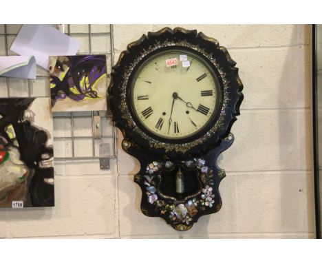 Victorian papier mache mother of pearl and painted clock with key and pendulum. Not available for in-house P&P, contact Paul 