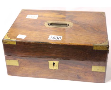 19th century rosewood brass bound travelling vanity case with white metal contents. P&amp;P Group 3 (£25+VAT for the first lo