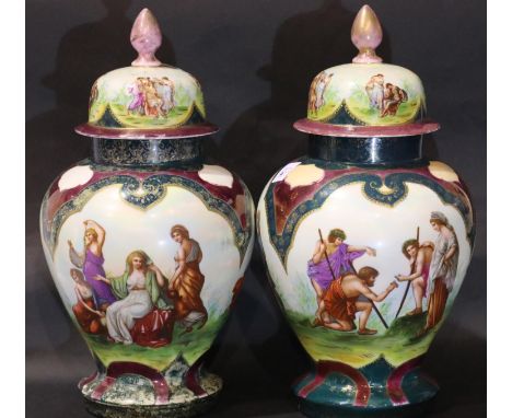 Pair of hand painted Vienna lidded ginger jars, H: 35 cm. P&amp;P Group 3 (£25+VAT for the first lot and £5+VAT for subsequen