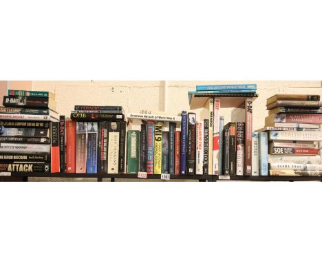 Shelf of WWII related hard and soft back books. Not available for in-house P&amp;P, contact Paul O'Hea at Mailboxes on 01925 