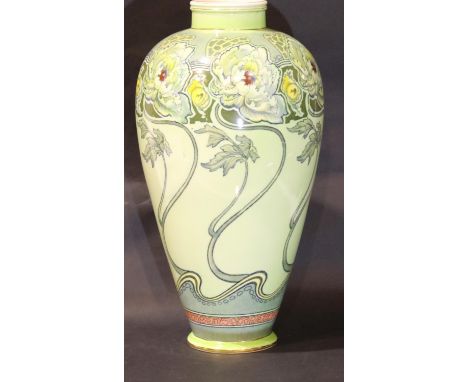 Art Deco floral green vase by Winkle & Co, H: 30 cm. P&P Group 3 (£25+VAT for the first lot and £5+VAT for subsequent lots)Co