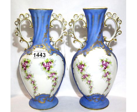 Pair of French Limoges twin handled vases, H: 28 cm. P&amp;P Group 3 (£25+VAT for the first lot and £5+VAT for subsequent lot