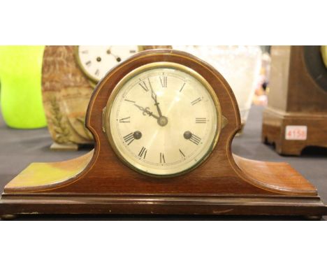 Inlaid mahogany mantel clock with August Schatz and Son movement, pendulum and key. Not available for in-house P&amp;P, conta