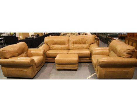 Substantial tan leather three piece suite, comprising three seat sofa and two armchairs with pouffe, from Superb Creations. S