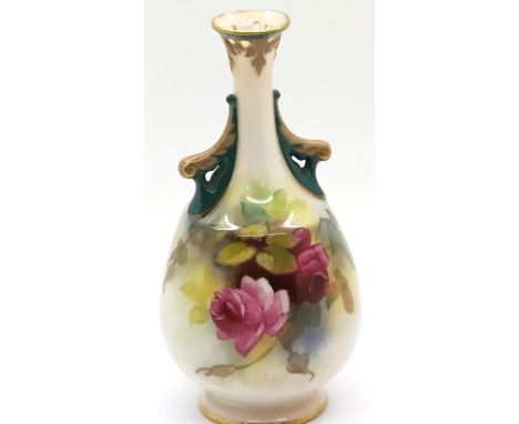 Small Hadleys Roses twin handled Royal Worcester reticulated vase, H: 12 cm. P&amp;P Group 1 (£14+VAT for the first lot and £