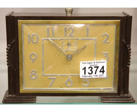 Art deco Japy alarm clock Bakelite case, 18 x 13cm. Working at lotting up. Not available for in-house P&P, contact Paul O'Hea
