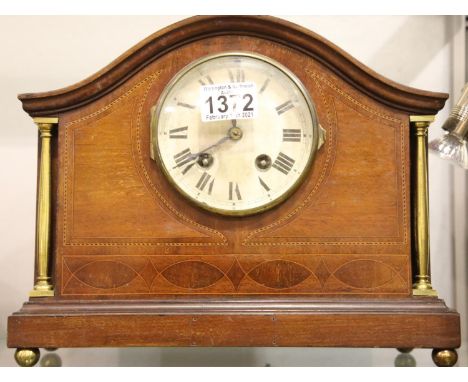 Edwardian inlaid mantel clock with brass pillars and pendulum. Not available for in-house P&amp;P, contact Paul O'Hea at Mail