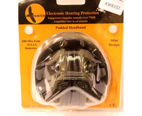 New cased Wildhunter electronic earmuffs. P&amp;P Group 2 (£18+VAT for the first lot and £3+VAT for subsequent lots) 