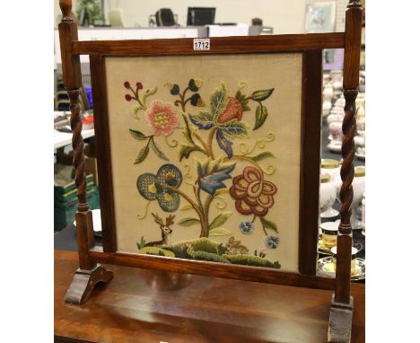 Oak framed firescreen with embroidered wool panel, H: 77 cm. Not available for in-house P&amp;P, contact Paul O'Hea at Mailbo