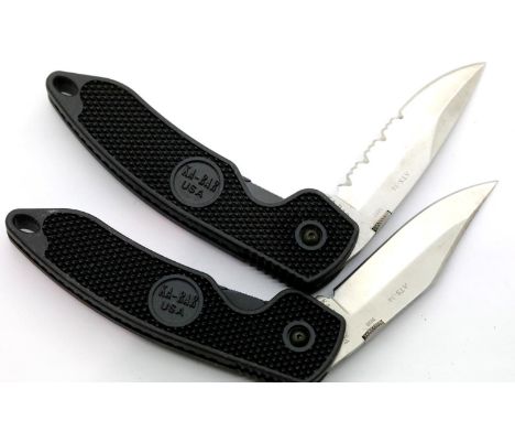 Two new old stock American KA-BAR folding knives (blade length 8 cm). P&amp;P Group 2 (£18+VAT for the first lot and £3+VAT f