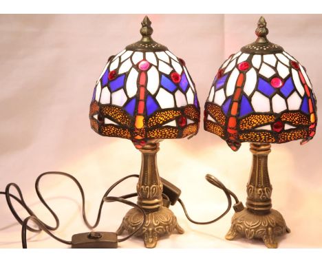 Pair of Tiffany style Dragonfly lamps on metal bases. P&P Group 3 (£25+VAT for the first lot and £5+VAT for subsequent lots)C