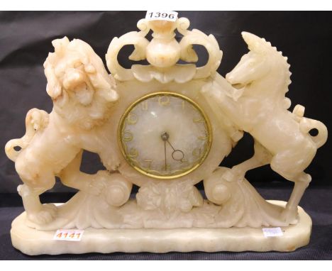 Carved alabaster royal crest mantel clock with gilt bezel English balance escapement C1920s 44 x 32 cm. P&P Group 3 (£25+VAT 