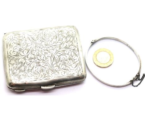 Hallmarked silver cigarette / card case and a silver bangle, combined 79g. P&amp;P Group 1 (£14+VAT for the first lot and £1+