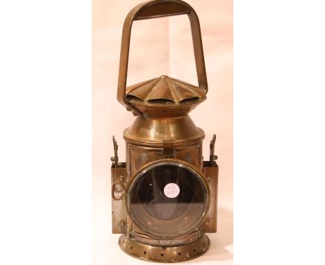 Copper railway warning lamp with red lens, H: 33 cm. P&amp;P Group 3 (£25+VAT for the first lot and £5+VAT for subsequent lot