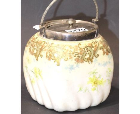 Doulton Burslem biscuit barrel with silver plated cover and swing handle, H: 18 cm. P&amp;P Group 3 (£25+VAT for the first lo