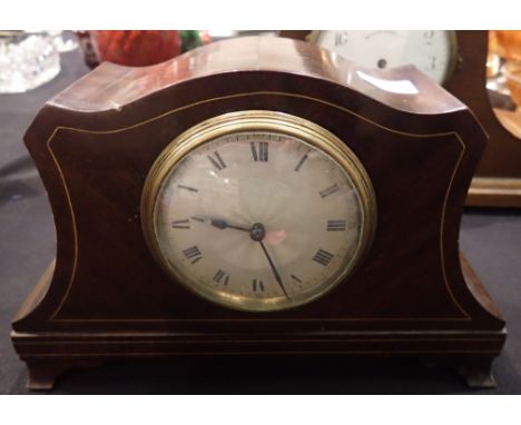 Edwardian mahogany inlaid mantel clock by Japy Freres. P&amp;P Group 3 (£25+VAT for the first lot and £5+VAT for subsequent l