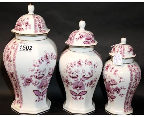 Three graduated lidded German vases, tallest H: 30 cm. P&amp;P Group 3 (£25+VAT for the first lot and £5+VAT for subsequent l
