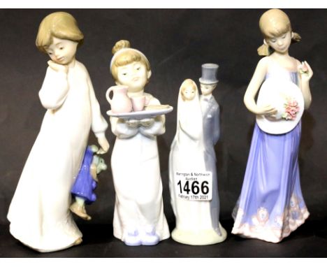 Three Nao ceramic figurines to include girl and teddy with one Lladro girl. H:21 cm. P&P Group 2 (£18+VAT for the first lot a