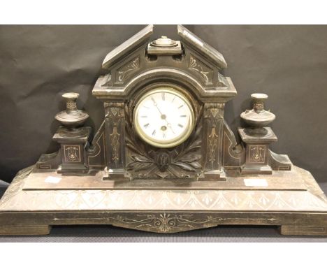 Large Arts and Crafts style mantel clock with ebonised case, 56 x 33cm. P&amp;P Group 3 (£25+VAT for the first lot and £5+VAT