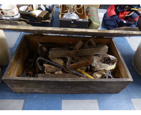 A Vintage Pine Ammunition Box Containing Workshop and Woodworking Tools