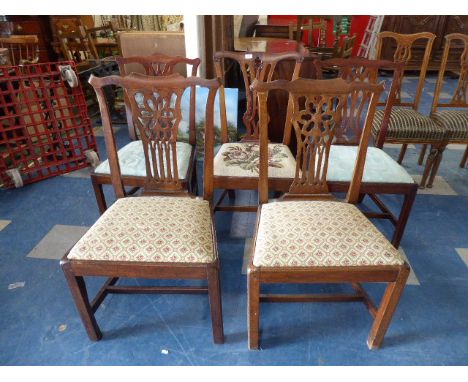 A Harlequin Set of Five Georgian Mahogany Framed Dining Chair with Tapestry Pad Seats and Pierced Splat