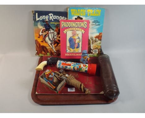 A Collection of Vintage Toys and Books to Include Clock Work Tin Plate Monkey, Magic Roundabout Kaleidoscope, Skipping Rope, 