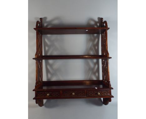 A Reproduction Mahogany Three Shelf Wall Hanging Unit with Three Short Drawers to Base, 67cm Wide and 90cm high 