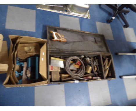 A Vintage Wooden Carpenters Tool Box Containing Tools Together with Black and Decker Tool Accessories  