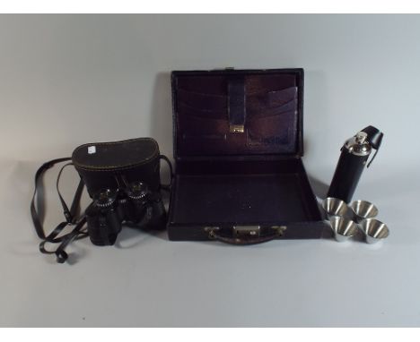 A Vintage Fitted Case, Pair of Binoculars and Travelling Flask and Metal Cup Set 