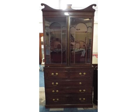 A 19th Century Mahogany Secretaire Bookcase with Glazed Shelf Top Section, Fitted Centre Drawer and Three Long Drawers Under,