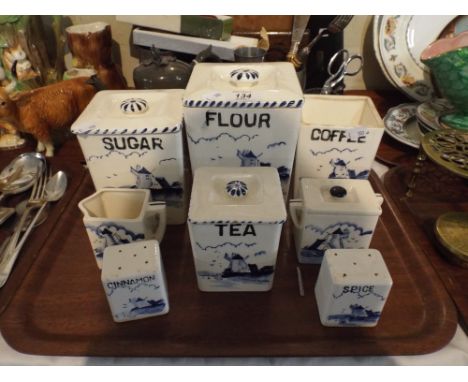 A Collection of Vintage Blue and White Storage Jars for Coffee, Sugar, Tea, Spice, Flour Etc