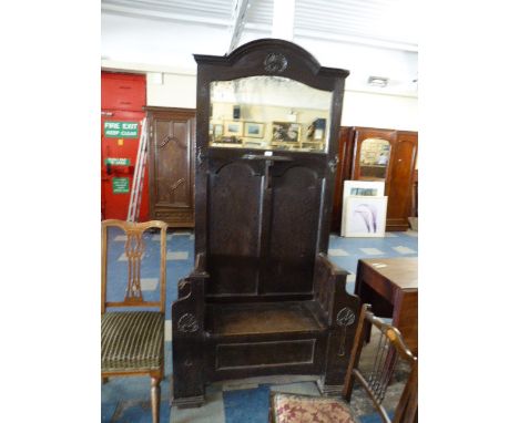 A Late Victorian Stained Oak with Lift Seat to Storage Area and Side Walking Stick Umbrella Stand, Mirrored Back, 105cm Wide