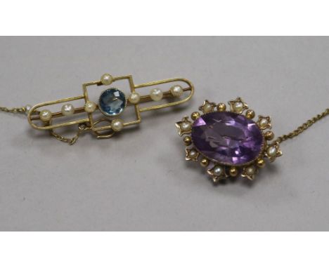 An Edwardian 15ct gold and gem set bar brooch and an Edwardian 9ct gold, amethyst and split pearl set brooch.