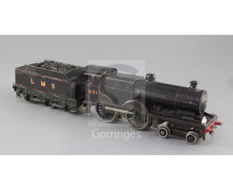 A Bassett-Lowke O gauge 4-4-0 LMS locomotive and tender, number 601, black livery, 3 rail, overall 39cms