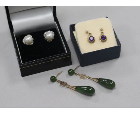 Three pairs of earrings including cultured pearl and diamond and jadeite.
