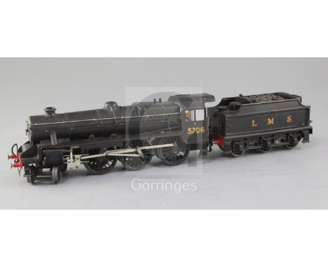 A scratch built O gauge LMS "Black 5" 4-6-0 tender locomotive, number 5706, black livery, 3 rail, overall 45cm