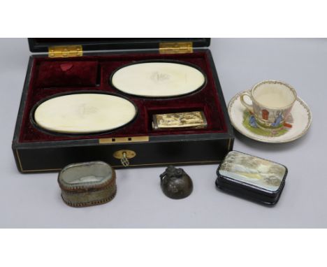 A 19th Century Staghorn cameo snuff box, 3 other boxes and cased Ivory brushes