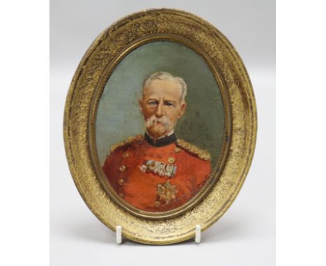 Ethel W. Grey, oil on board, portrait miniature of Lord Roberts 13 x 9.5cm.