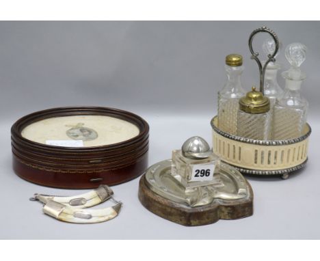 A horse shoe Inkwell, Boards, Tusk, Wine Labels, Ivory Cruet stand & box