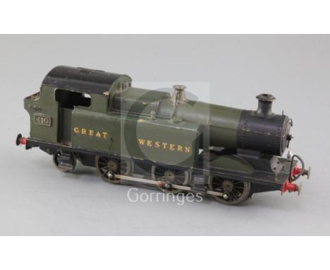 A scratch built GWR Prairie O gauge 0-6-2 locomotive, green livery, number 410, 3 rail and skate, 25cm