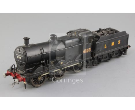 A scratch built O gauge 0-6-0 tender locomotive, number 4153, LMS black livery, 3 rail with skate, overall 37c,