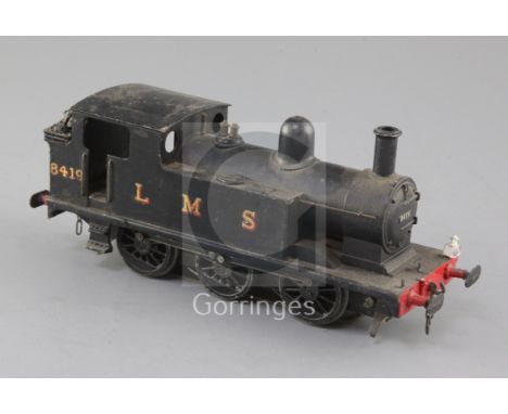 A Leeds Model Co O gauge 0-6-0 tank locomotive, number 8419, LMS black livery, 3 rail with skate, overall 24cm