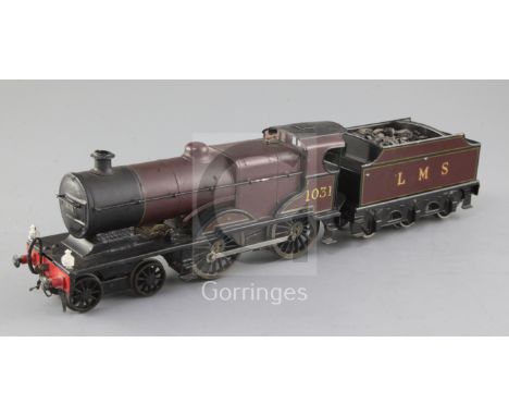 A Bassett-Lowke compound LMS O gauge 4-4-0 locomotive, number 1031, maroon livery, 3rd rail, with tender overall 38cm