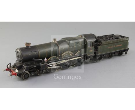 A scratch built O gauge GWR 4-6-0 "Pendennis Castle" locomotive and tender, number 4079, green livery, 2nd or 3rd rail, 46cm