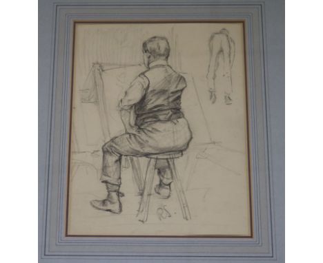 RS, drawing of an artist at an easel, 25 x 19cm.