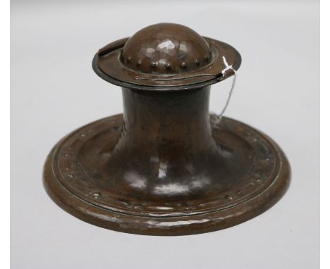 A Jesson Birkett & Co. Arts & Crafts copper inkwell with applied pin-head rivet decoration 13cm